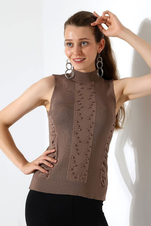 Vizon Dik Yaka Kolsuz Motifli Triko Bluz BCES-252001