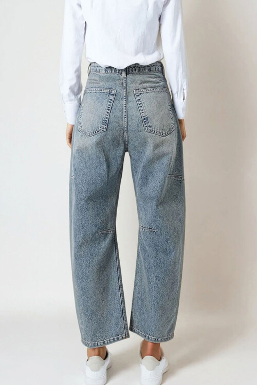 Yeşil Tintli Mavi 5 Cepli Dikiş Detaylı Bol Paça Jean BCHNW-251198