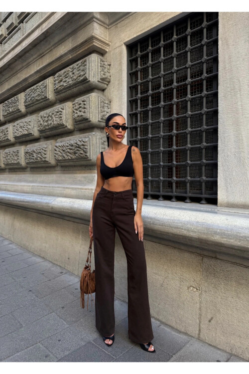 Yüksek Bel İspanyol Paça Denim Jean Acı Kahve Kot Pantolon