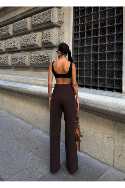 Yüksek Bel İspanyol Paça Denim Jean Acı Kahve Kot Pantolon