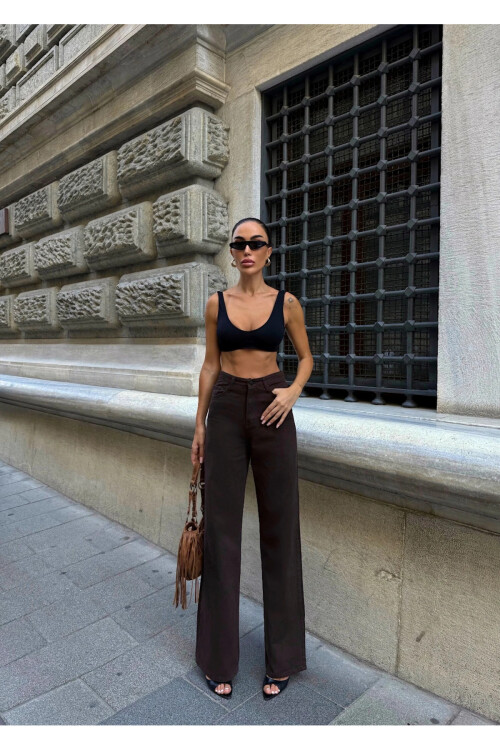 Yüksek Bel İspanyol Paça Denim Jean Acı Kahve Kot Pantolon