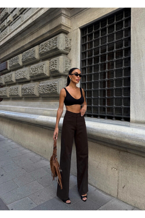 Yüksek Bel İspanyol Paça Denim Jean Acı Kahve Kot Pantolon