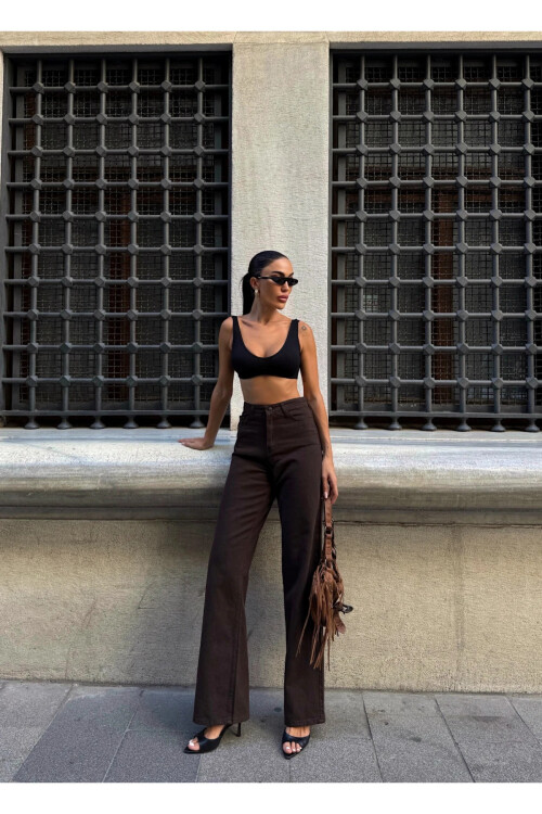 Yüksek Bel İspanyol Paça Denim Jean Acı Kahve Kot Pantolon