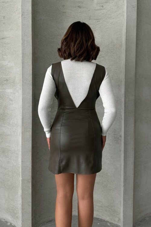 Zeytin Düğme Detaylı Suni Deri Jile Elbise BCHN-2526796