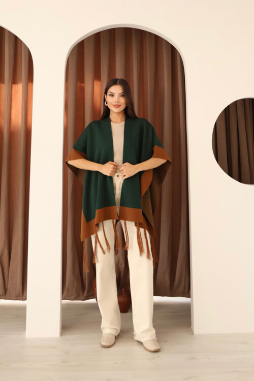 Zümrüt Yeşili Püsküllü Renk Bloklu Kışlık Triko Şal BCES-253005