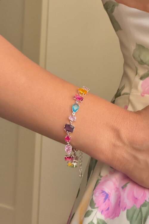 316L Çelik Gema Bileklik Zirkon Renkli Taşlı Bileklik Silver BCYJ-251027