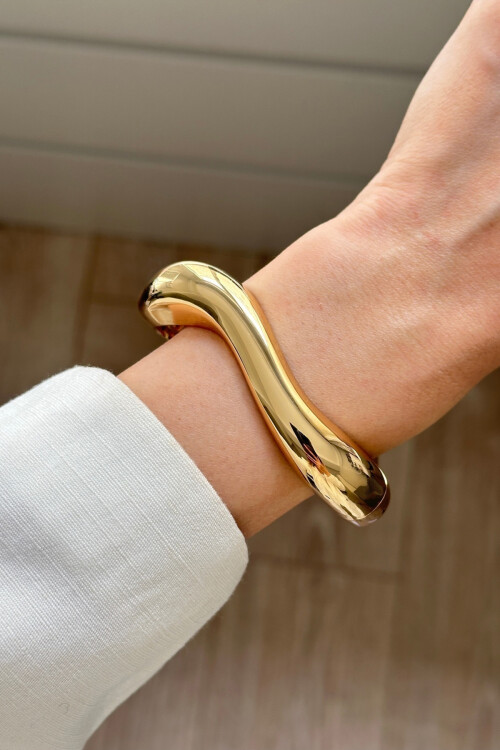 316L Çelik Kalın Kelepçe Bileklik Dalgalı Bilezik 14K Altın Kaplama Renk Gold BCYJ-251041