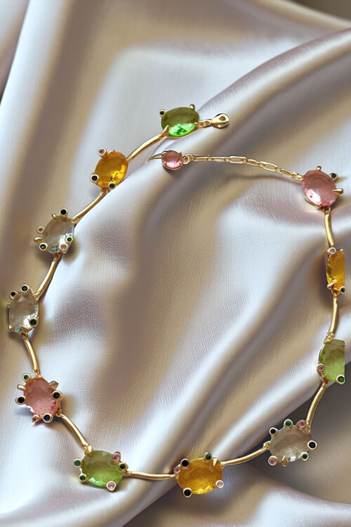 316L Gema Çelik Kristal Taş Desenli Renkli Kolye BCYJ-251017