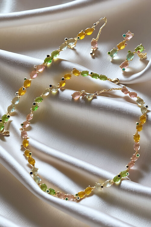 316L Gema Çelik Kristal Taş Desenli Renkli Kolye BCYJ-251017