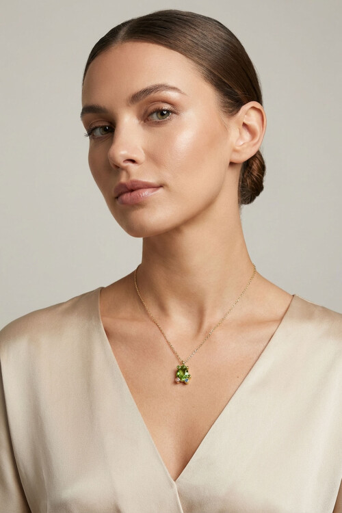 316L Gema Çelik Yeşil Kristal Taş Desenli Renkli Kolye BCYJ-251052