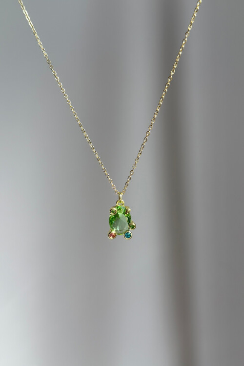 316L Gema Çelik Yeşil Kristal Taş Desenli Renkli Kolye BCYJ-251052