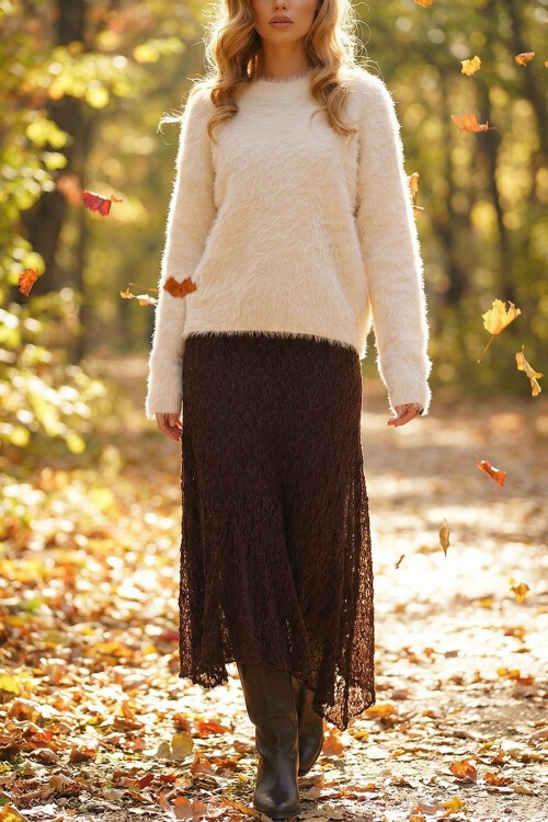 Acı Kahve Asimetrik Kesim İçi Astarlı Dantel Etek BCHZCK-251260