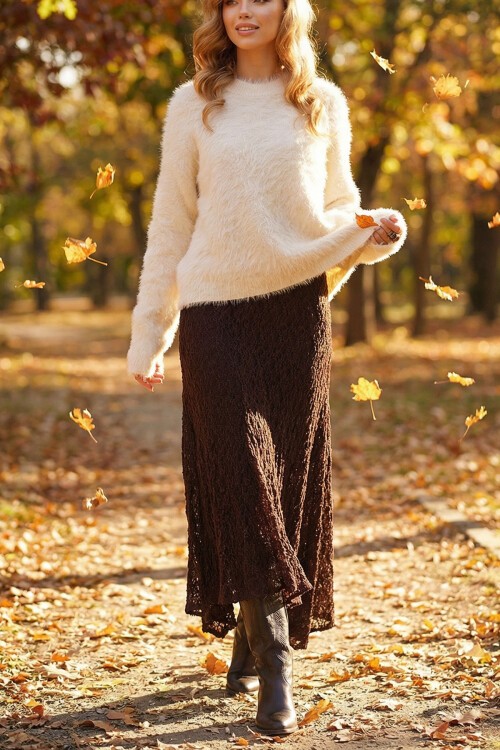 Acı Kahve Asimetrik Kesim İçi Astarlı Dantel Etek BCHZCK-251260