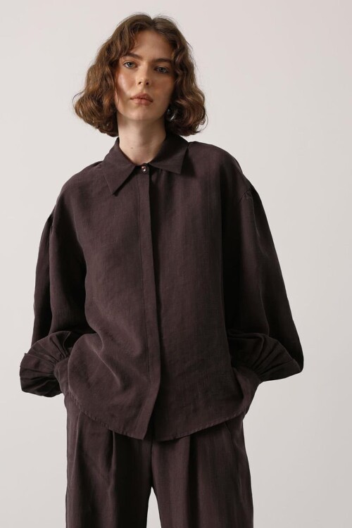 Acı Kahve Balon Kol Gizli Patlı Dokuma Gömlek BCRY-261276