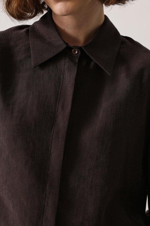 Acı Kahve Balon Kol Gizli Patlı Dokuma Gömlek BCRY-261276