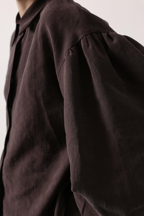 Acı Kahve Balon Kol Gizli Patlı Dokuma Gömlek BCRY-261276