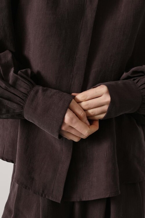 Acı Kahve Balon Kol Gizli Patlı Dokuma Gömlek BCRY-261276