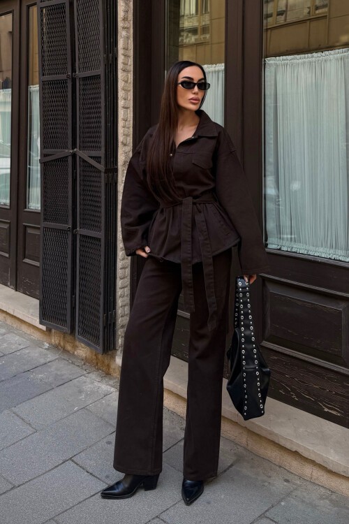 Acı Kahve Beli Kuşaklı Ceket Ve Pantolon Gabardin Takım BCDF-25DF4500