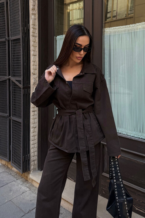 Acı Kahve Beli Kuşaklı Ceket Ve Pantolon Gabardin Takım BCDF-25DF4500