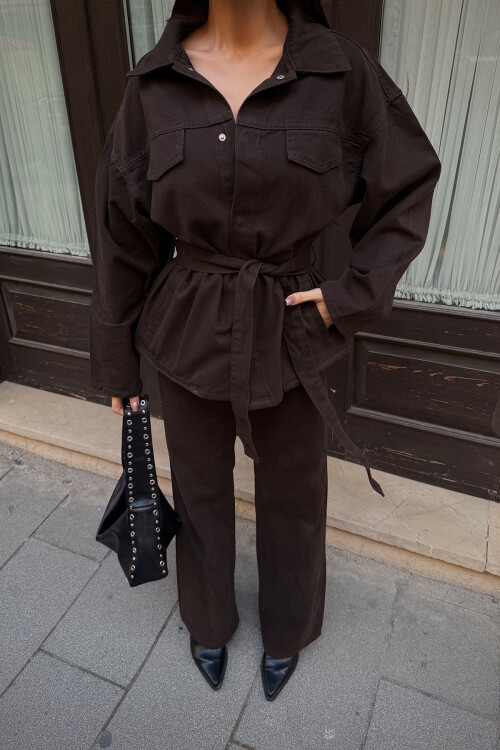 Acı Kahve Beli Kuşaklı Ceket Ve Pantolon Gabardin Takım BCDF-25DF4500