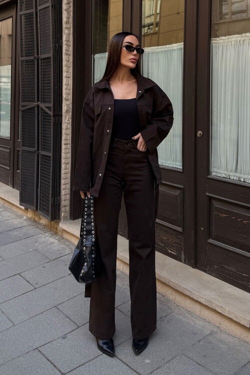 Acı Kahve Beli Kuşaklı Ceket Ve Pantolon Gabardin Takım BCDF-25DF4500