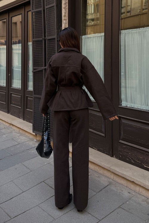 Acı Kahve Beli Kuşaklı Ceket Ve Pantolon Gabardin Takım BCDF-25DF4500