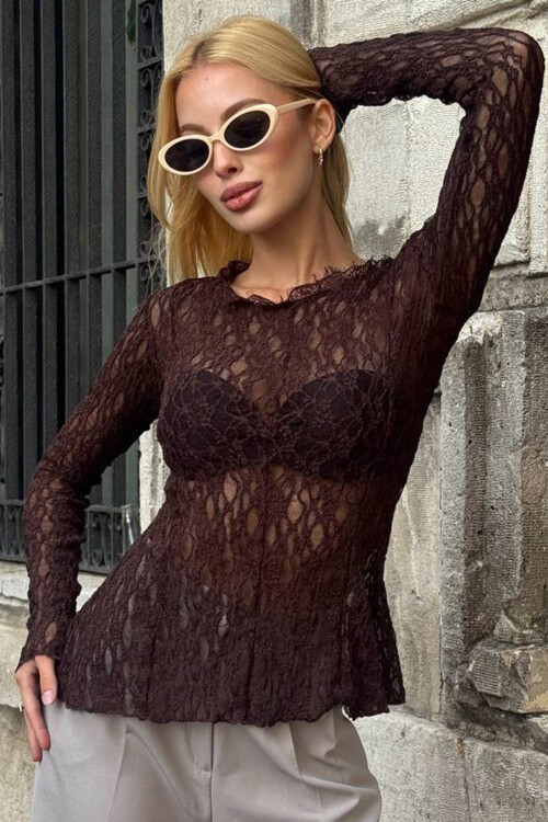 Acı Kahve Bisiklet Yaka Pens Detaylı Tül Bluz BCHZCK-251263