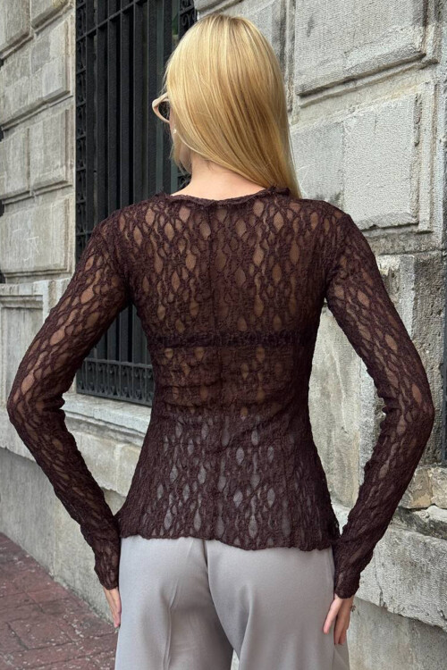 Acı Kahve Bisiklet Yaka Pens Detaylı Tül Bluz BCHZCK-251263