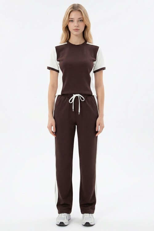 Acı Kahve Blok Detaylı Yumuşak Dokulu Modal Kumaş Alt Üst Takım BCHN-2626126