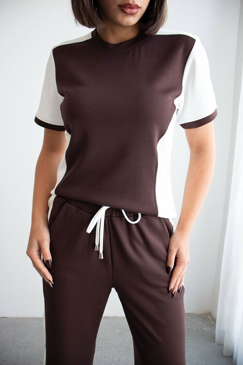 Acı Kahve Blok Detaylı Yumuşak Dokulu Modal Kumaş Alt Üst Takım BCHN-2626126