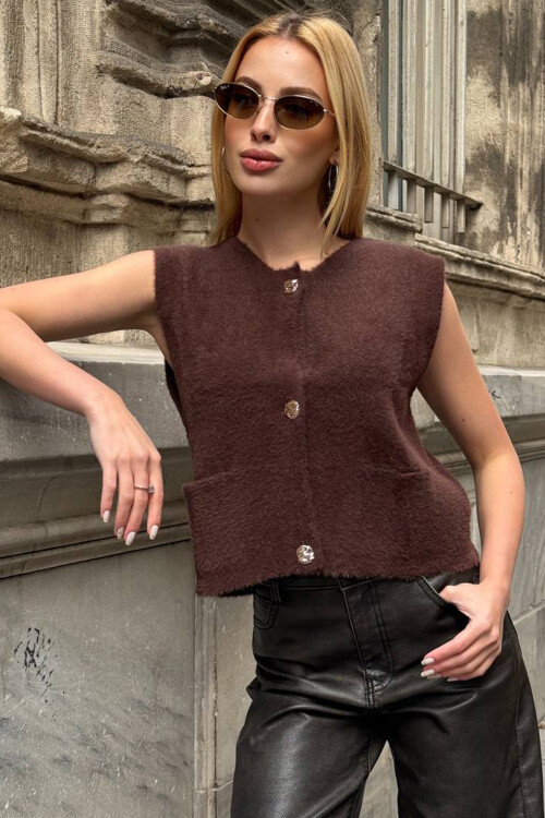 Acı Kahve Çift Cepli Gold Düğmeli Yumoş Yelek Bluz BCHZCK-251262