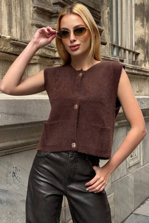 Acı Kahve Çift Cepli Gold Düğmeli Yumoş Yelek Bluz BCHZCK-251262
