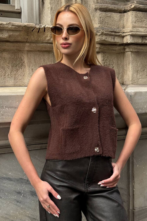 Acı Kahve Çift Cepli Gold Düğmeli Yumoş Yelek Bluz BCHZCK-251262