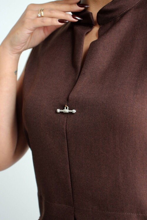 Acı Kahve Hakim Yaka Bluz Ve Beli Lastikli Dokuma Pantolon Alt Üst Takım BCHN-2626821