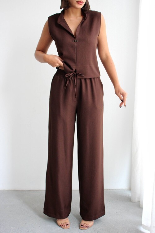 Acı Kahve Hakim Yaka Bluz Ve Beli Lastikli Dokuma Pantolon Alt Üst Takım BCHN-2626821
