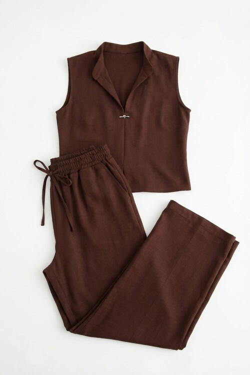Acı Kahve Hakim Yaka Bluz Ve Beli Lastikli Dokuma Pantolon Alt Üst Takım BCHN-2626821