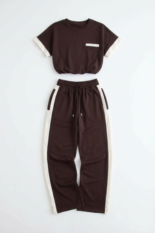 Acı Kahve Renk Bloklu Beli Lastikli Yumuşak Dokulu Kumaş Alt Üst Takım BCHN-2626133