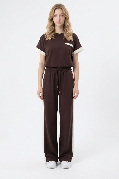 Acı Kahve Renk Bloklu Beli Lastikli Yumuşak Dokulu Kumaş Alt Üst Takım BCHN-2626133