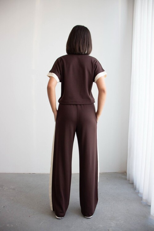 Acı Kahve Renk Bloklu Beli Lastikli Yumuşak Dokulu Kumaş Alt Üst Takım BCHN-2626133