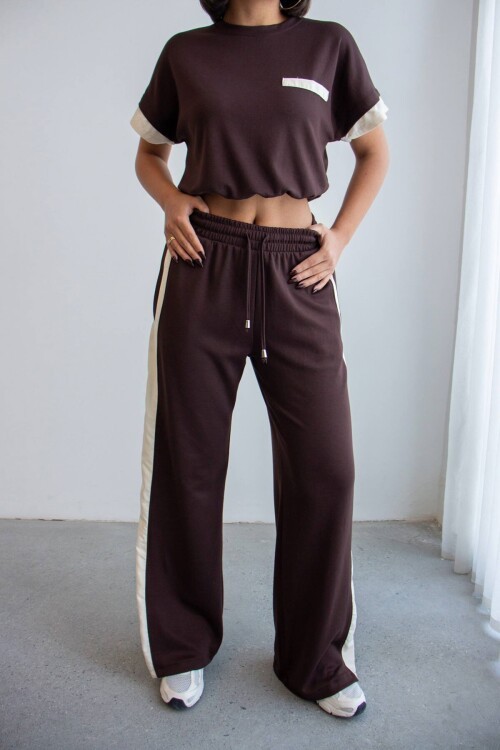 Acı Kahve Renk Bloklu Beli Lastikli Yumuşak Dokulu Kumaş Alt Üst Takım BCHN-2626133