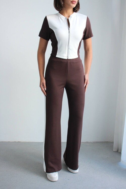 Acı Kahve Renk Bloklu Fermuarlı Yumuşak Dokulu Kumaş Eşofman Takımı BCHN-2626953TK