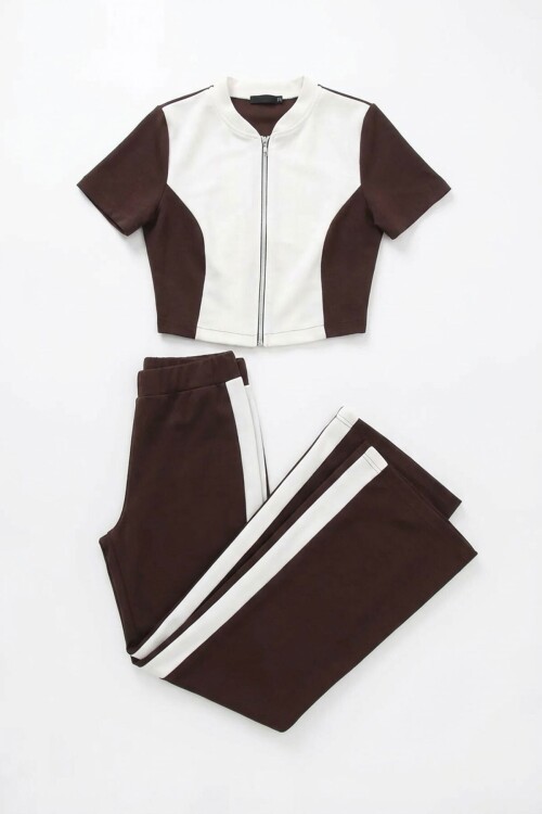Acı Kahve Renk Bloklu Fermuarlı Yumuşak Dokulu Kumaş Eşofman Takımı BCHN-2626953TK