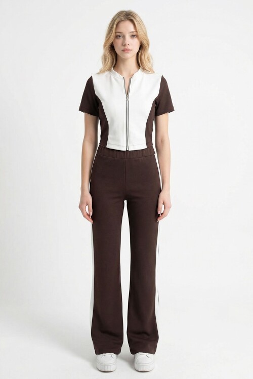 Acı Kahve Renk Bloklu Fermuarlı Yumuşak Dokulu Kumaş Eşofman Takımı BCHN-2626953TK