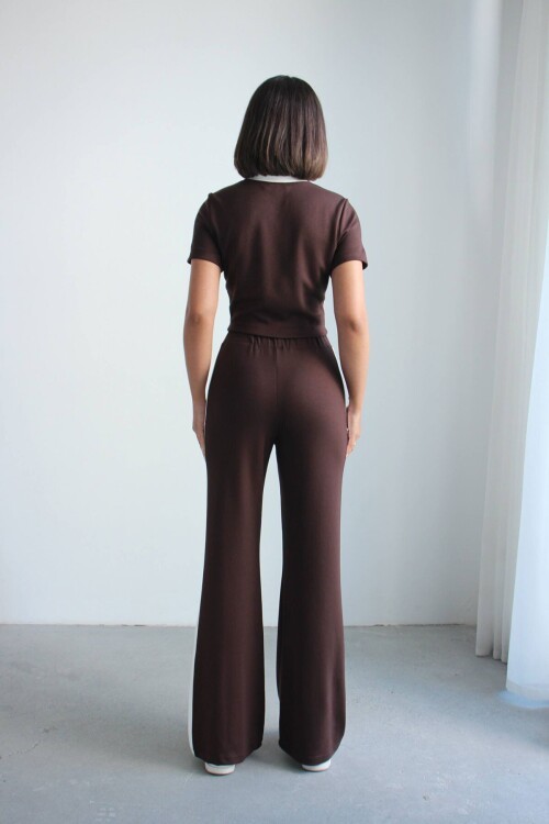 Acı Kahve Renk Bloklu Fermuarlı Yumuşak Dokulu Kumaş Eşofman Takımı BCHN-2626953TK