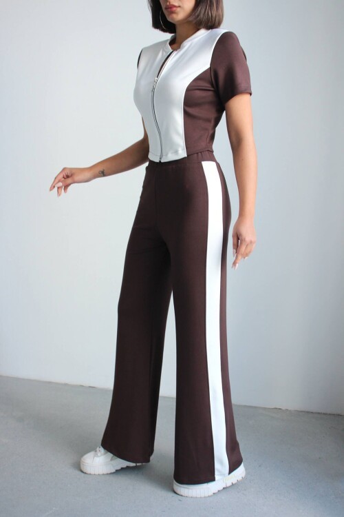 Acı Kahve Renk Bloklu Fermuarlı Yumuşak Dokulu Kumaş Eşofman Takımı BCHN-2626953TK