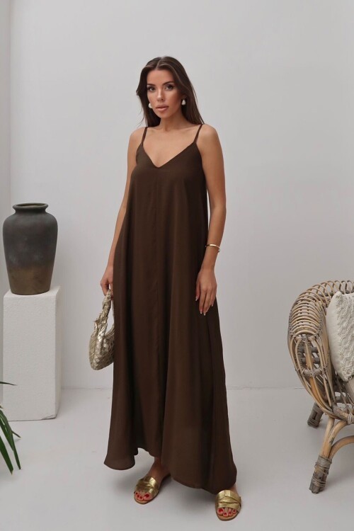 Acı Kahve V Yaka Askılı Uzun Astarlı Salaş Elbise BCRU-261300