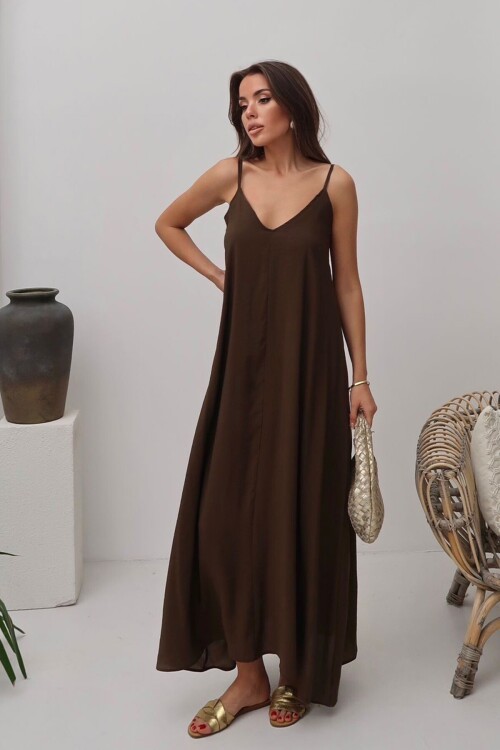 Acı Kahve V Yaka Askılı Uzun Astarlı Salaş Elbise BCRU-261300