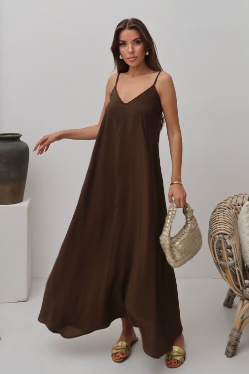 Acı Kahve V Yaka Askılı Uzun Astarlı Salaş Elbise BCRU-261300