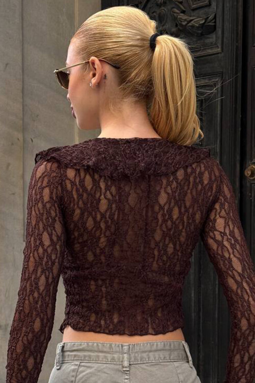 Acı Kahve V Yaka Bağlamalı Önü Fırfırlı Tül Bluz BCHZCK-251264