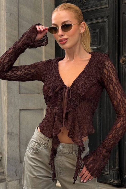 Acı Kahve V Yaka Bağlamalı Önü Fırfırlı Tül Bluz BCHZCK-251264